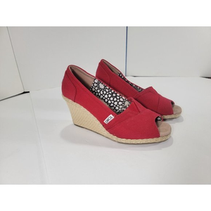 Toms Womens Wedges Size 7.5 Red Classic Canvas Espadrille Slip On‎ Peep Toe